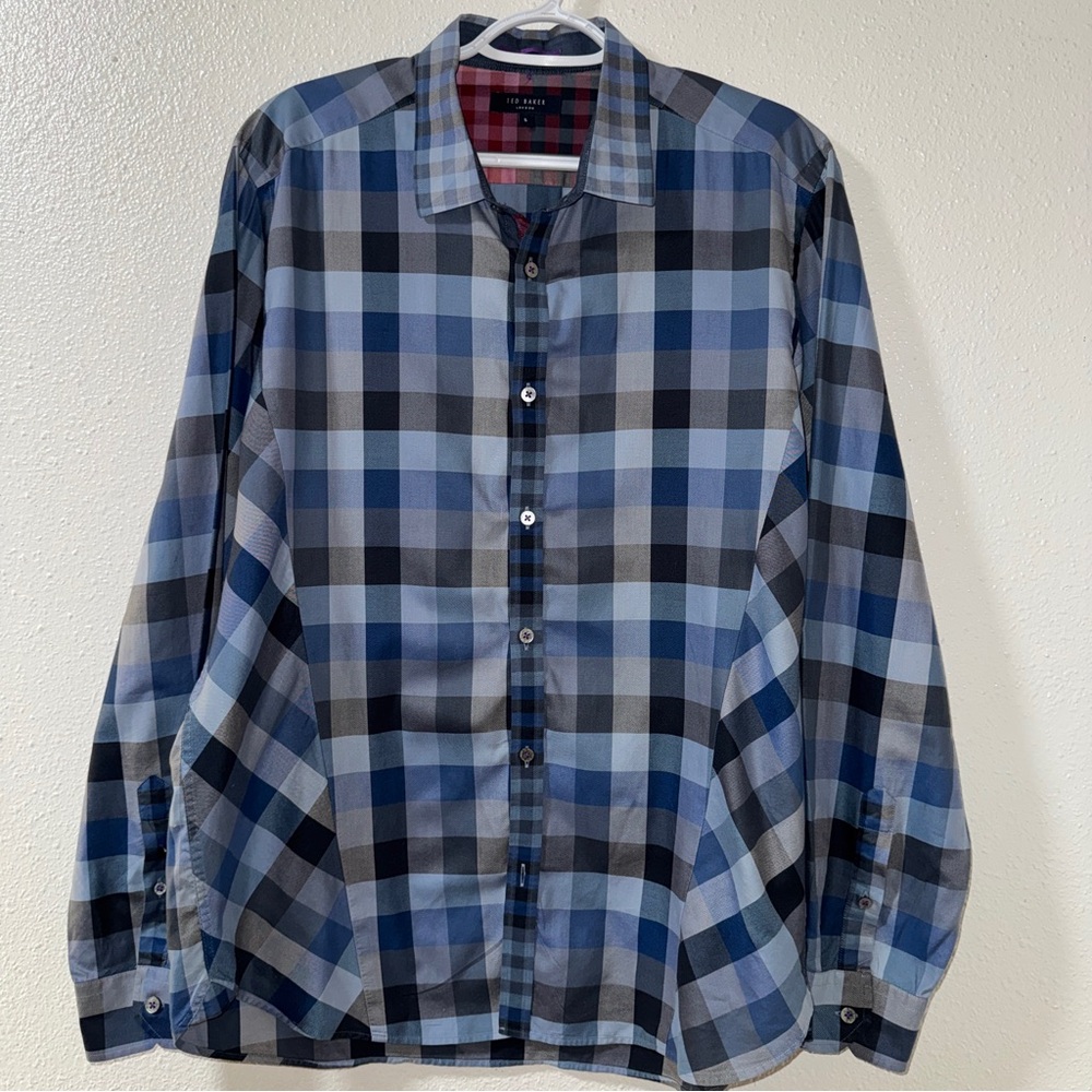 Ted Baker London Men's Blue/Gray Plaid Long Sleeve Button Down Shirt Size 5